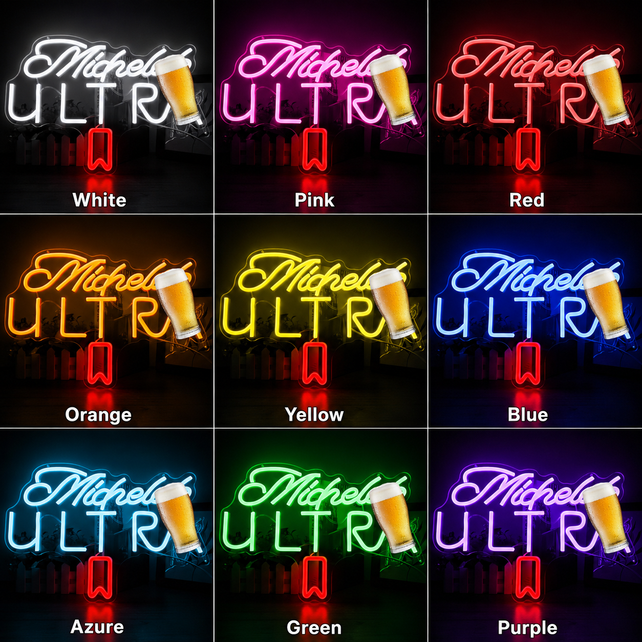 A Neon Sign With A Glass Of Beer In Front Of It That Says Micheled Ultra LED Neon Sign color grid