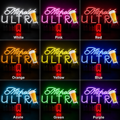 A Neon Sign With A Glass Of Beer In Front Of It That Says Micheled Ultra LED Neon Sign color grid