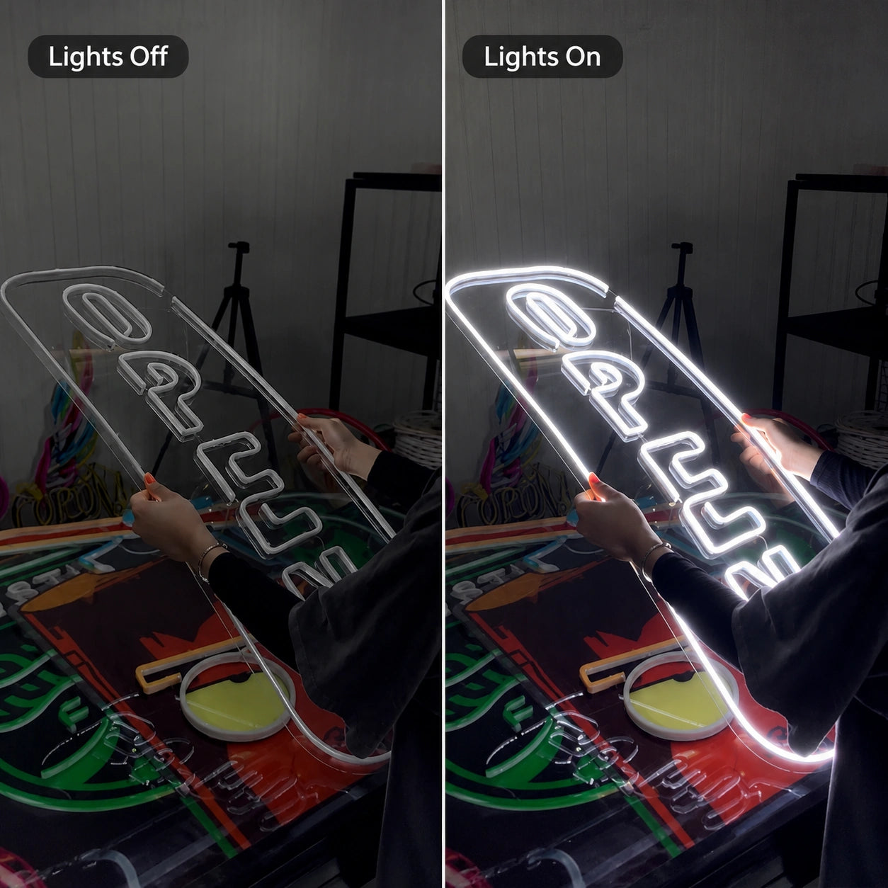 A Person Is Holding Up LED Neon Sign - 06 Day Night Comparison