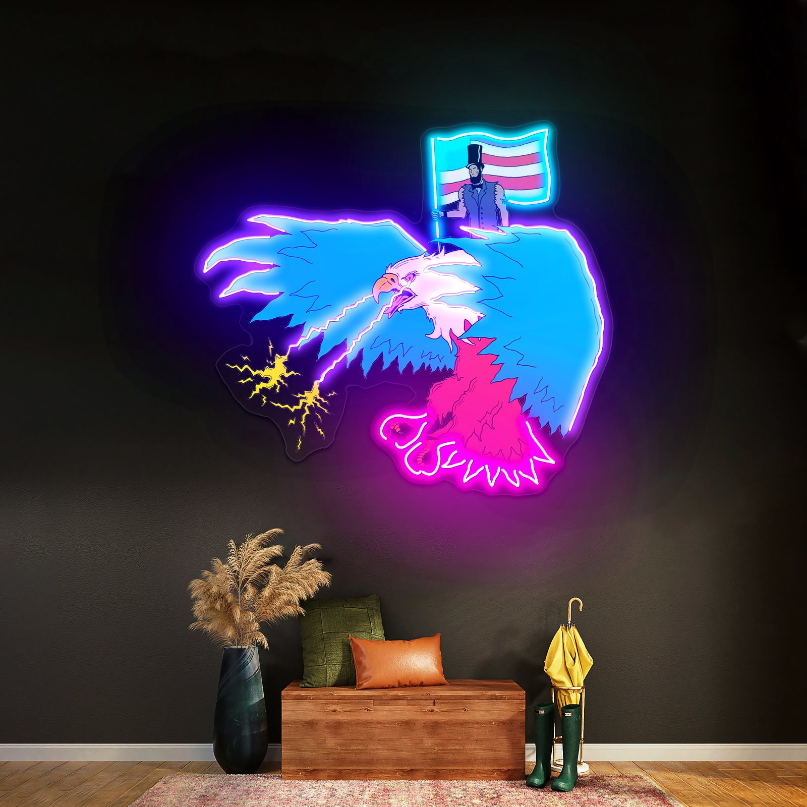 Abraham Lincoln Riding Eagle With Lasers Neon Signs For Aesthetic Neon Signs Artwork