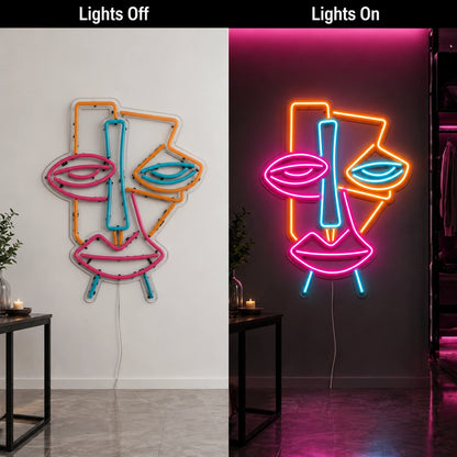 Abstract Face Color Neon Sign LED Neon Sign day and night comparison
