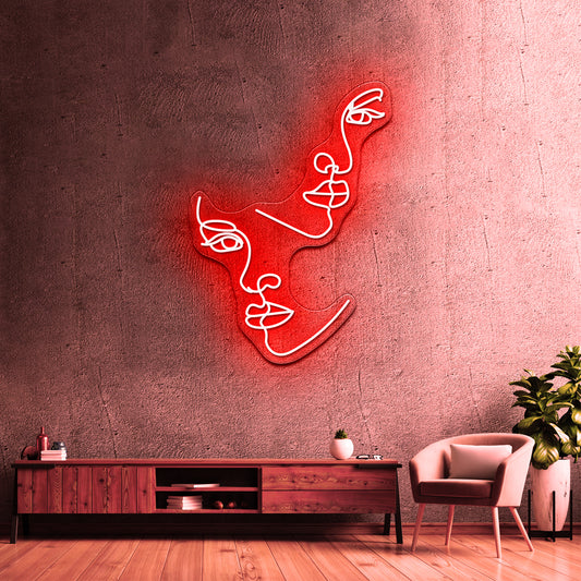 Abstract Face Of 2 Womans With Flowers By Line Art Wall Artwork Neon Signs