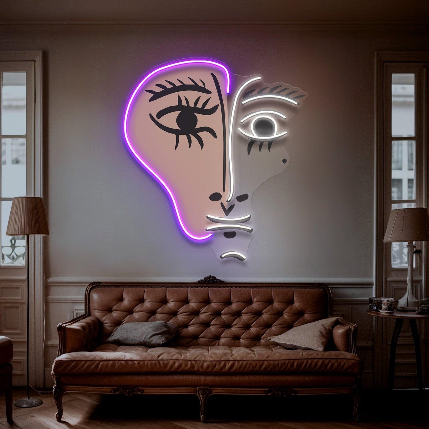 Abstract Face Purple-White Uv Printed Led Neon Sign For Art Studio Wall Decor | Shineneon