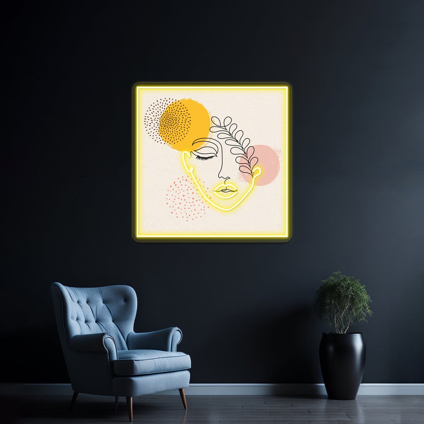 Abstract Female Face Leaf One Line Art Wall Artwork Neon Signs