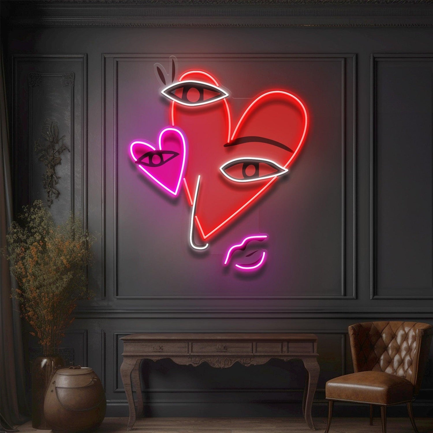 Abstract Hearts Facial Art Uv Printed Led Neon Sign For Indoor Decor | Shineneon