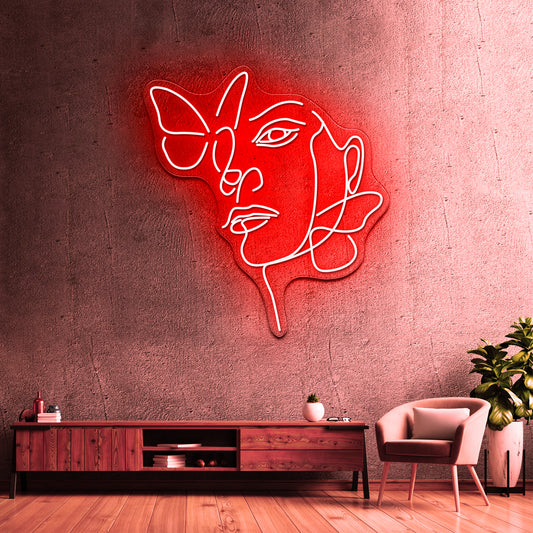 Abstract Line Illustration Face Drawing With Butterfly Woman Art Wall Artwork Neon Signs