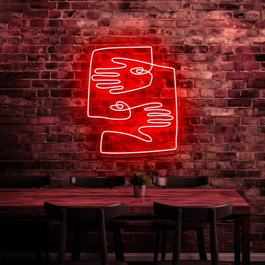 Abstract Square Face And Hands Line Art Ii Wall Artwork Neon Signs