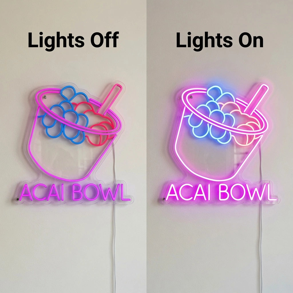 Acai Bowl Wall Decor LED Neon Sign - 06 Day Night Comparison