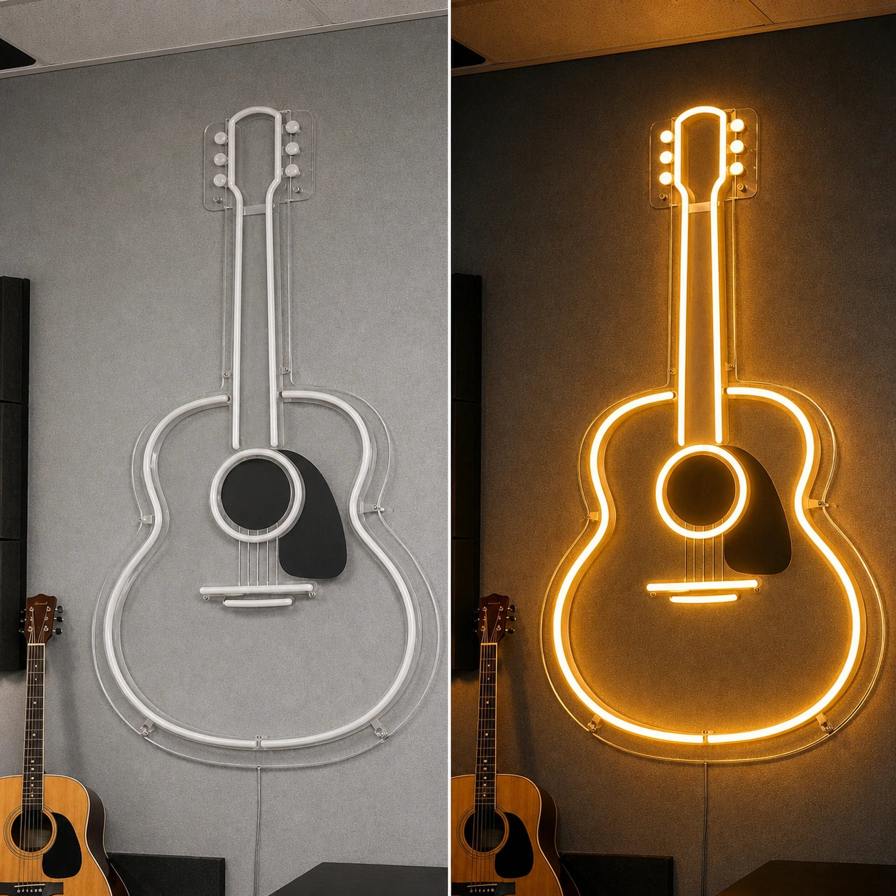 Acoustic Guitar Outline Vintage LED Neon Sign day and night comparison