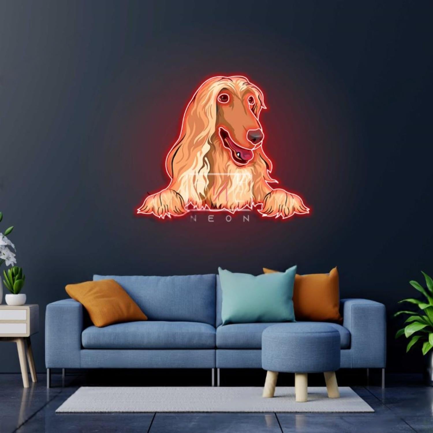 Afghan Hound Peeking Teal And Orange Led Neon Sign For Modern Living Room Decor | Shineneon