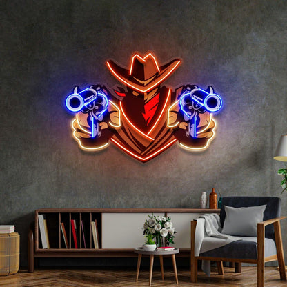 Aiming Guns Cowboy Orange-Blue Uv Printed Led Neon Sign For Western Room Decor | Shineneon