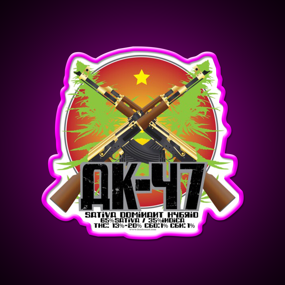 Ak 47 Strain Art Hemp Inspired Green Leaf Led Neon Sign Rgb Color - Neon sign mounted on wall in room