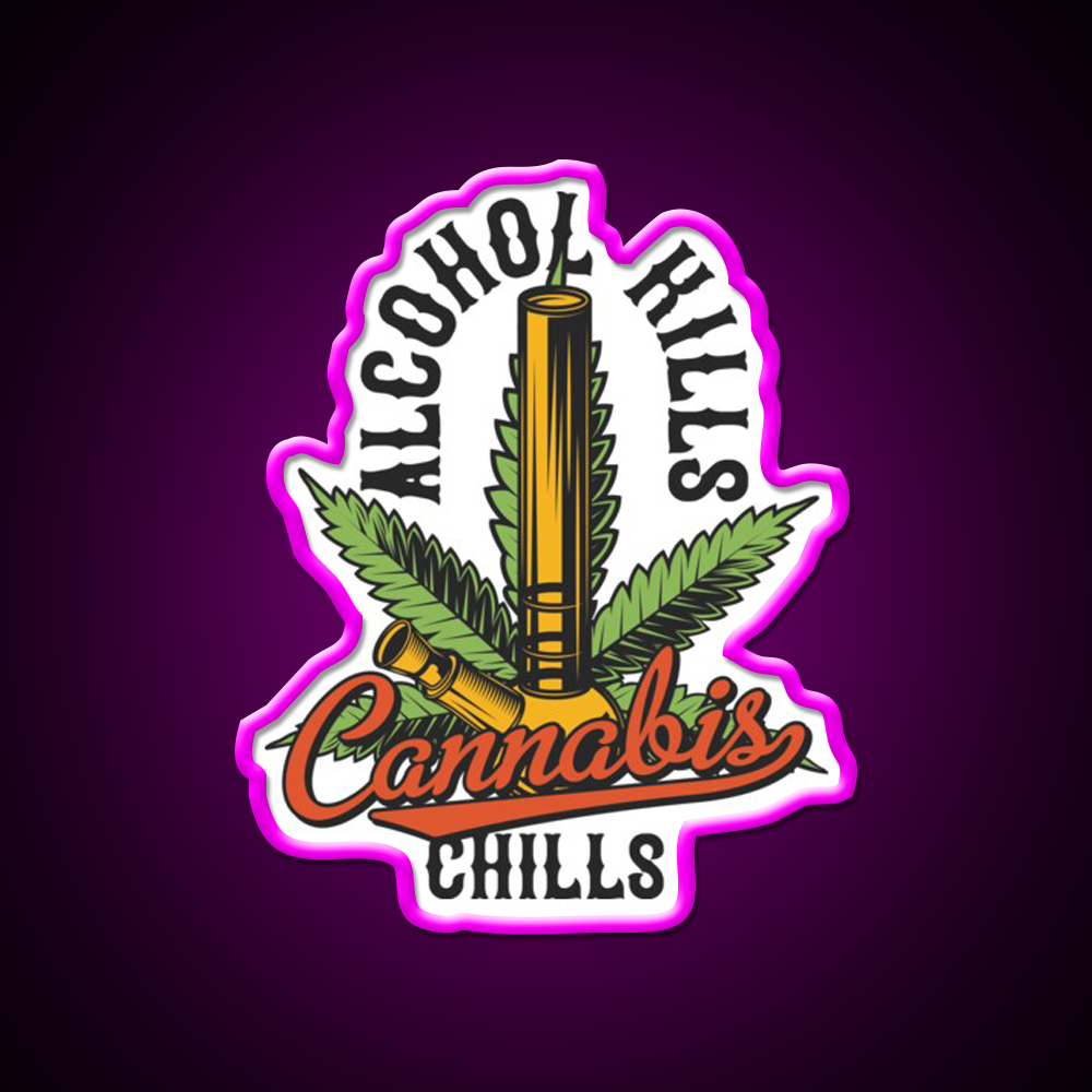 Alcohol Kills Chills Hemp Inspired Green Leaf Led Neon Sign Rgb Color - Neon sign mounted on wall in room