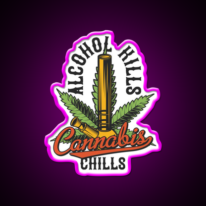 Alcohol Kills Chills Hemp Inspired Green Leaf Led Neon Sign Rgb Color - Neon sign mounted on wall in room