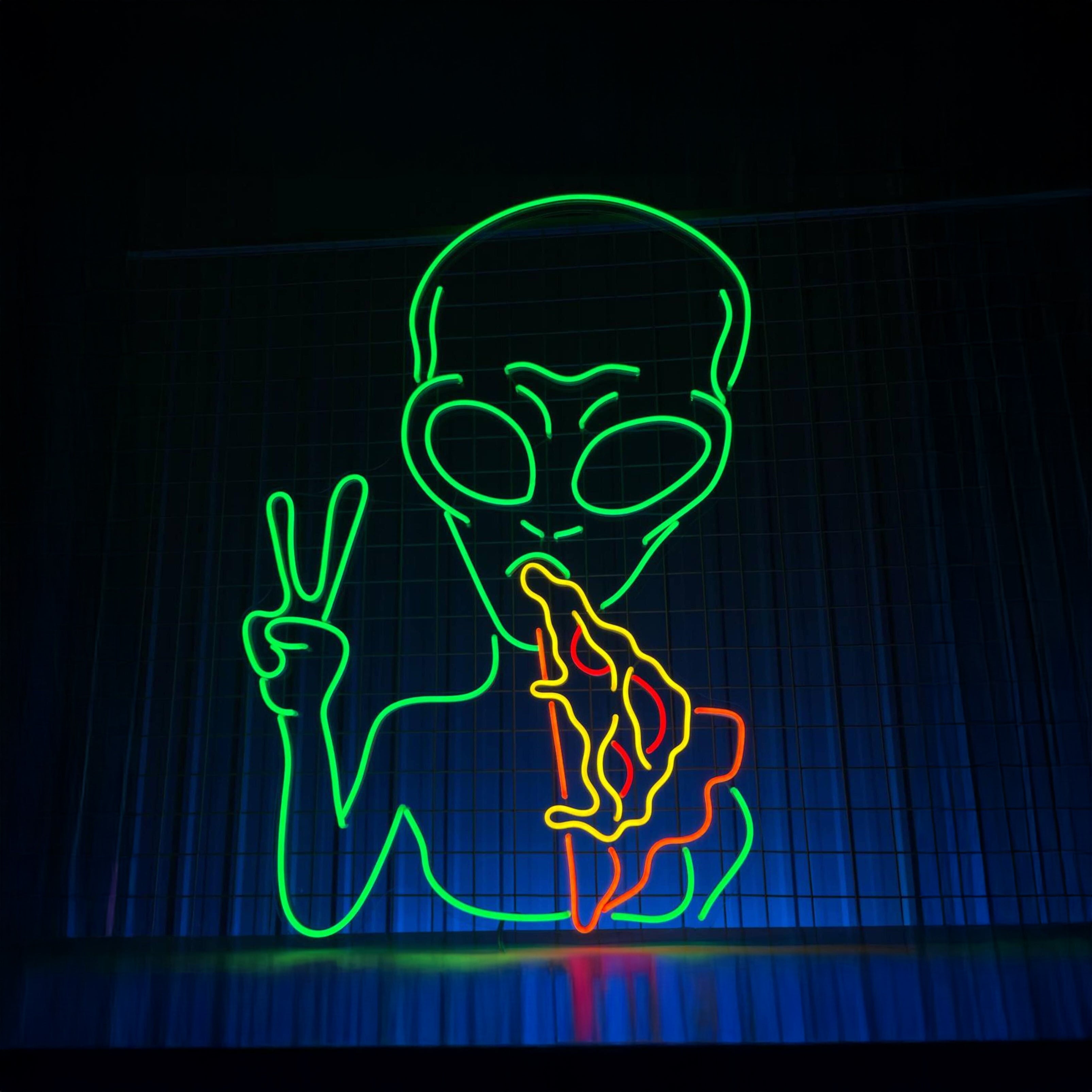 Alien Eating Pizza Neon Sign Peace Hand Alien Pizza Led Sign | Shineneon
