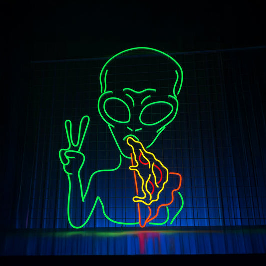 Alien Eating Pizza Neon Sign Peace Hand Alien Pizza Led Sign