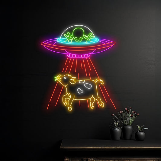 Alien Ufo Abduction Dairy Cow Led Sign