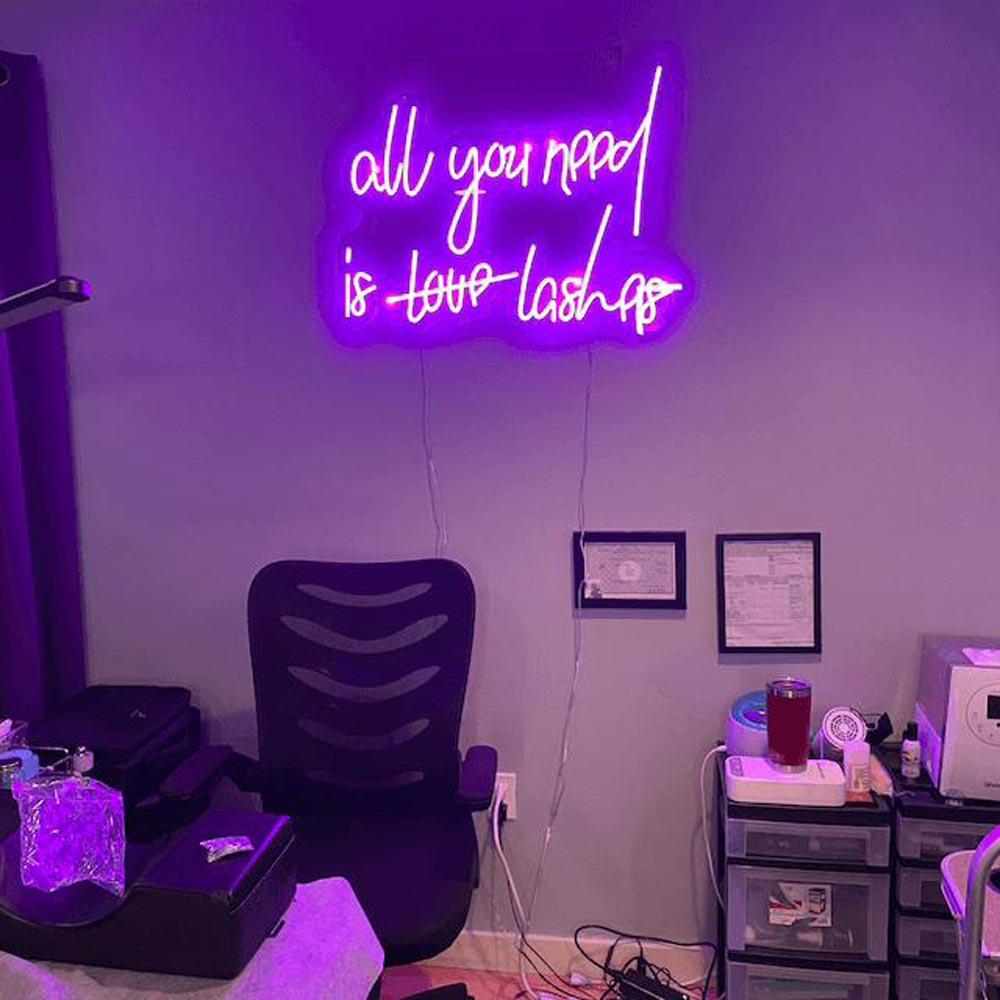 All You Need Is Love Lashes Purple Handwritten Led Neon Sign For Lash Studio | Shineneon