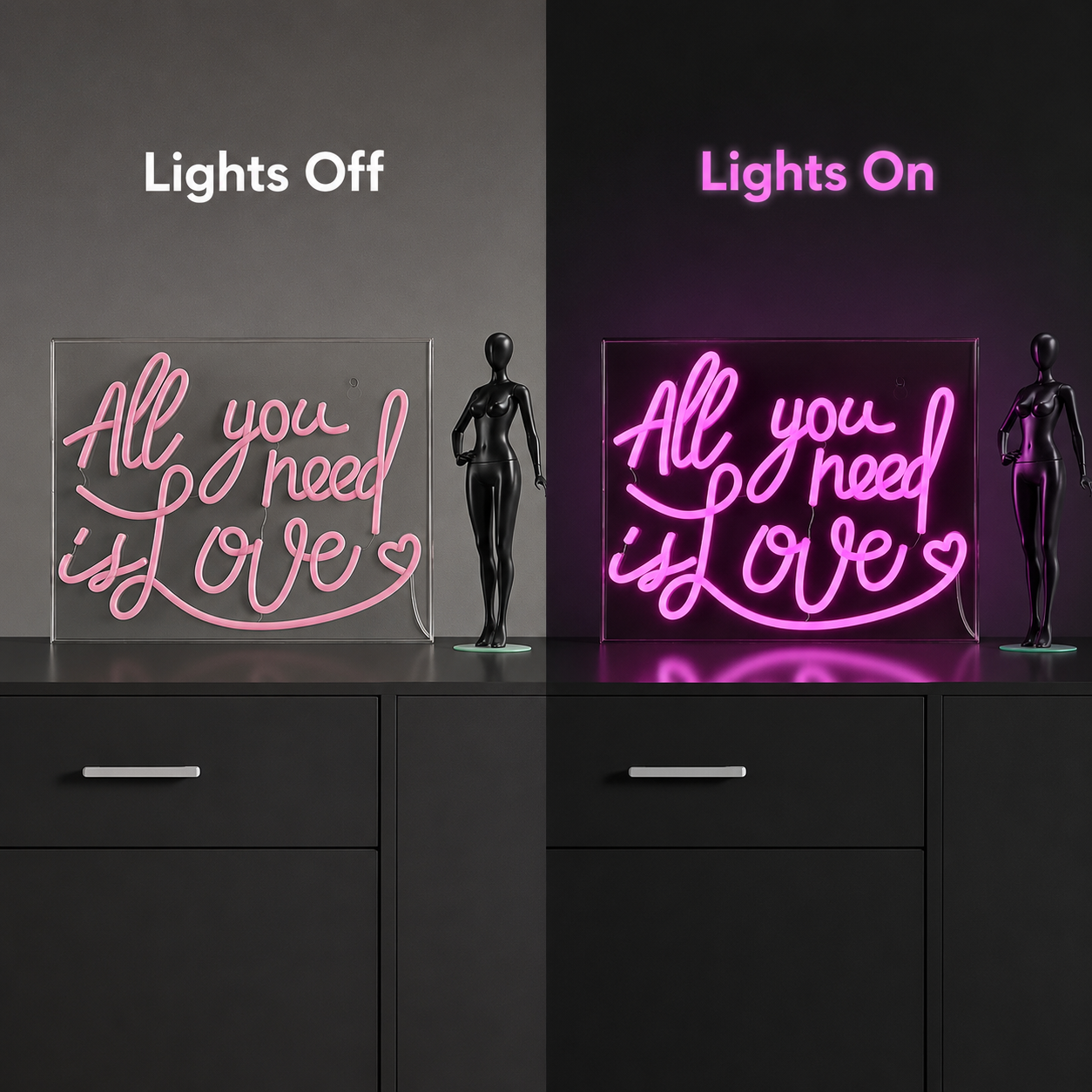 All You Need Is Love LED Neon Sign Living Room Decor - 06 Day Night Comparison