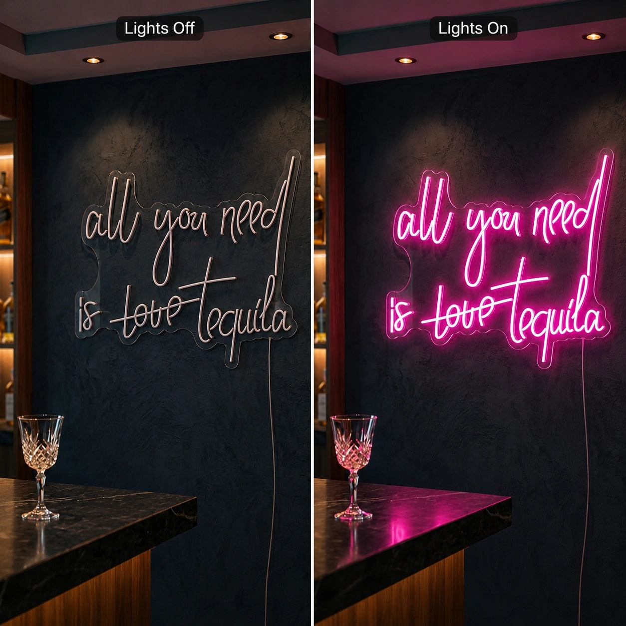 All You Need Is Tequila Neon Sign Wall Art LED Neon Sign day and night comparison