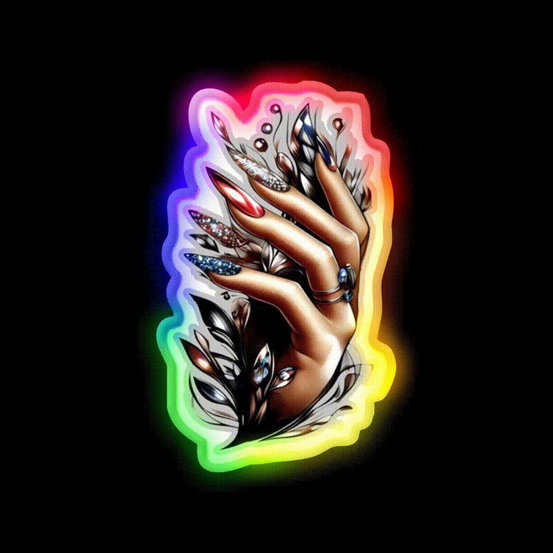 Almond Nails And Delicate Black Patterns Nail Salon Led Neon Sign Rgb Color - LED neon sign close-up detail