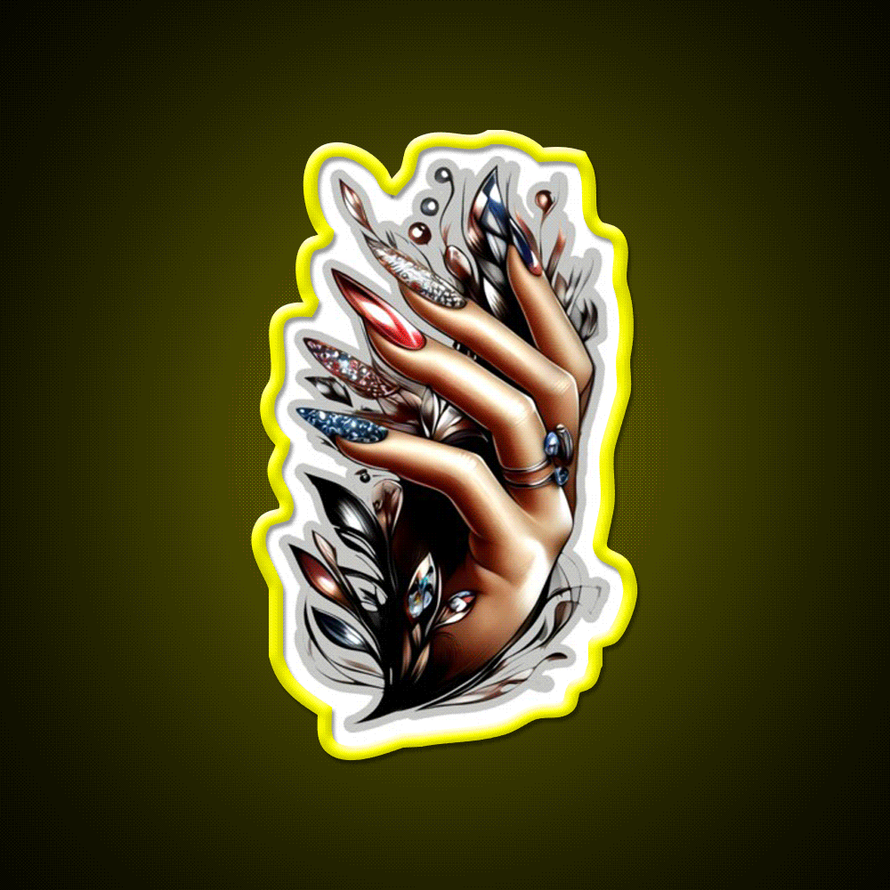 Almond Nails And Delicate Black Patterns Nail Salon Led Neon Sign Rgb Color - Custom LED neon sign front view