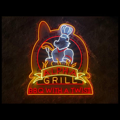 Alpha Grill Bbq Cartoon Wolf Chef Flame Led Neon Sign For Restaurant Decor | Shineneon