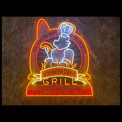 Alpha Grill Bbq Cartoon Wolf Chef Flame Led Neon Sign For Restaurant Decor | Shineneon