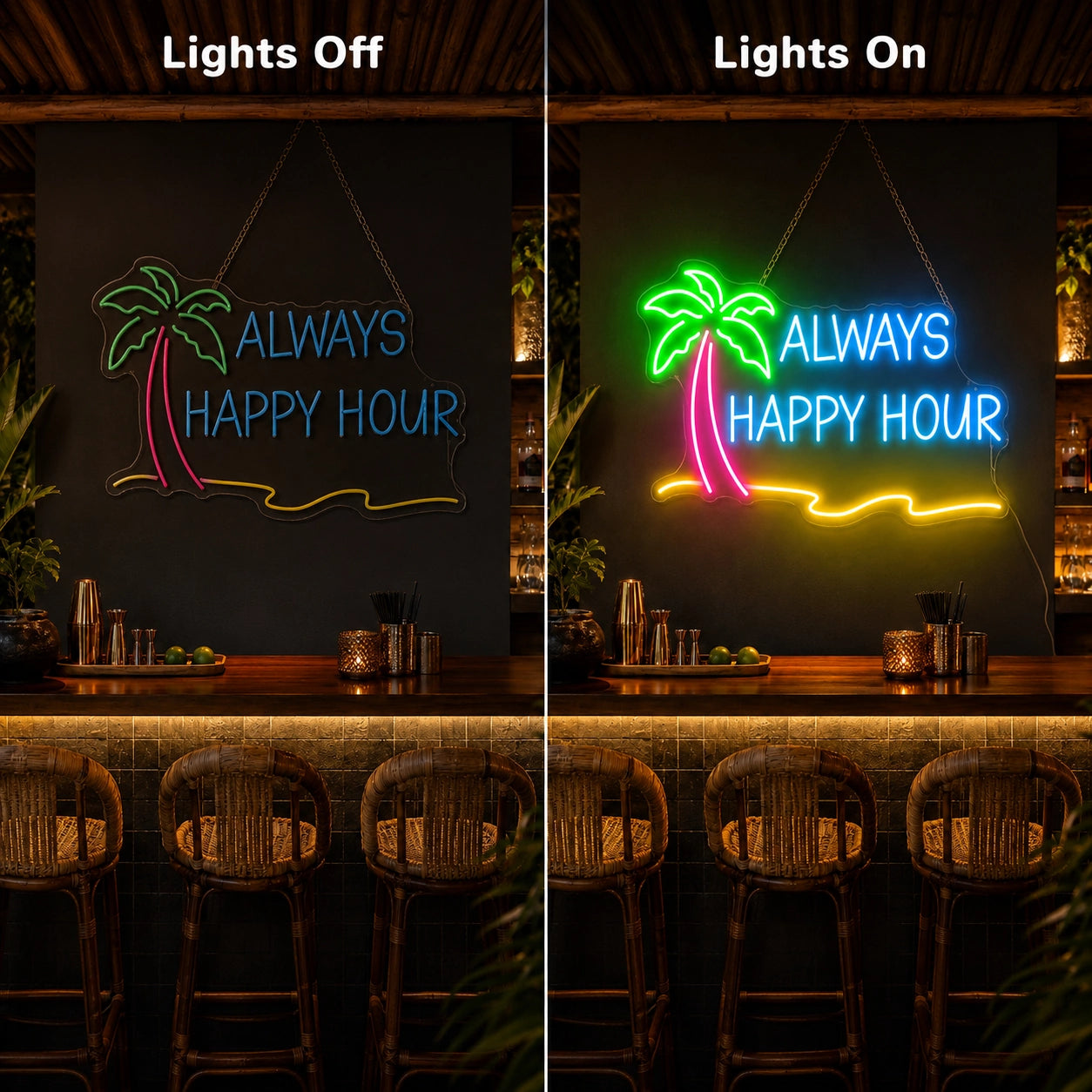 Always Happy Hour LED Neon Sign - 06 Day Night Comparison