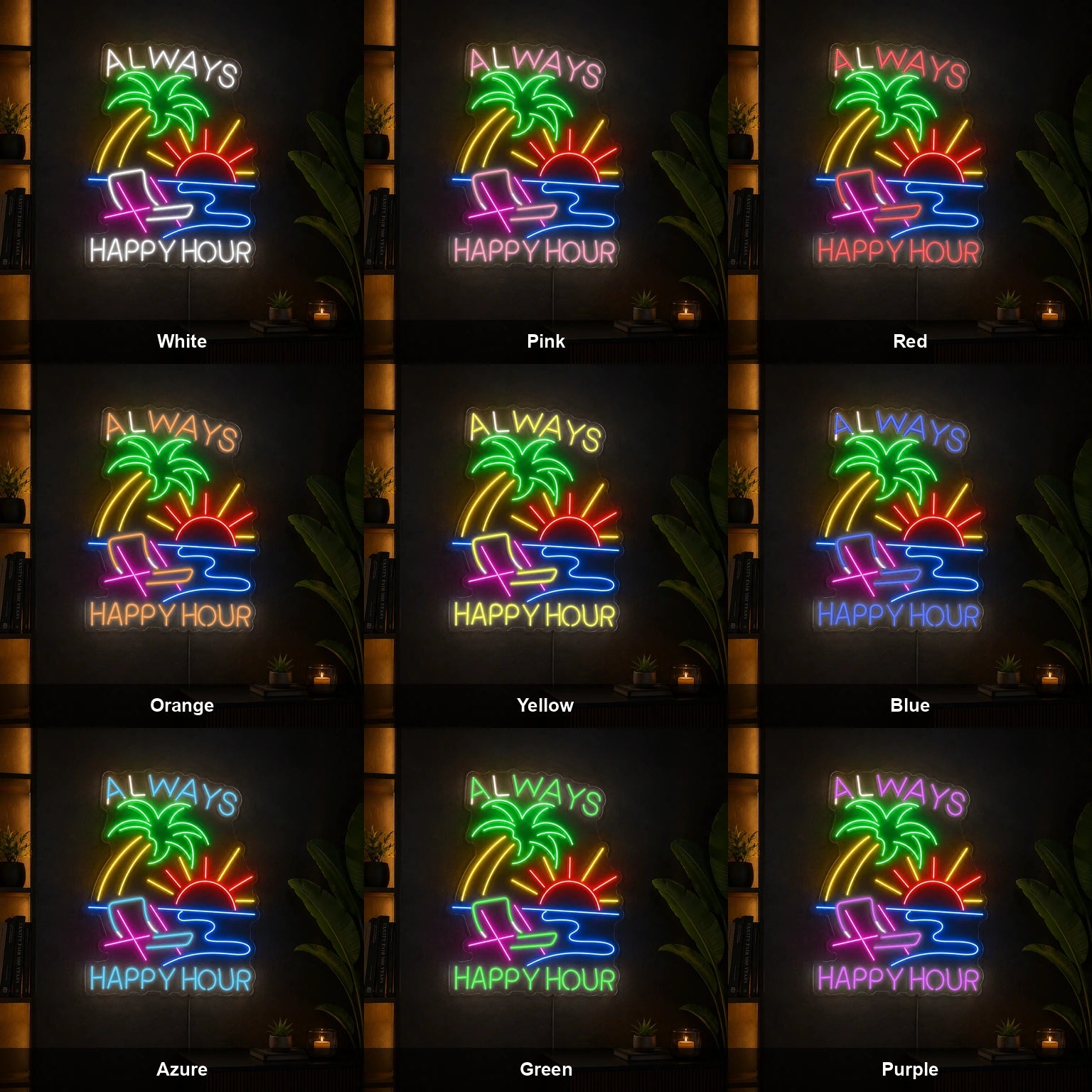 Always Happy Hour Palm Tree Sunset LED Neon Sign color grid