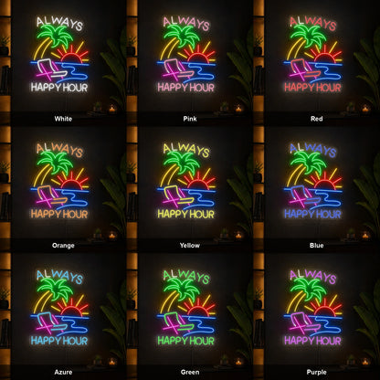 Always Happy Hour Palm Tree Sunset LED Neon Sign color grid