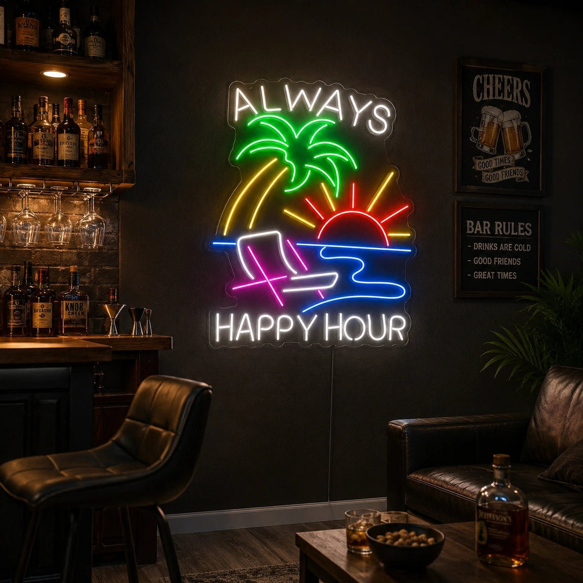 Always Happy Hour Palm Tree Sunset LED Neon Sign - Shineneon