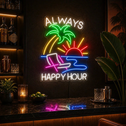 Always Happy Hour Palm Tree Sunset LED Neon Sign - Shineneon