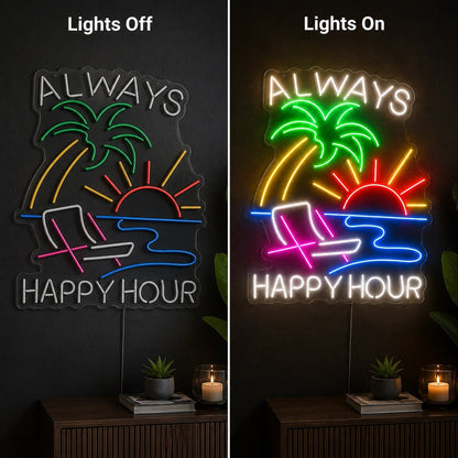 Always Happy Hour Palm Tree Sunset LED Neon Sign - Shineneon