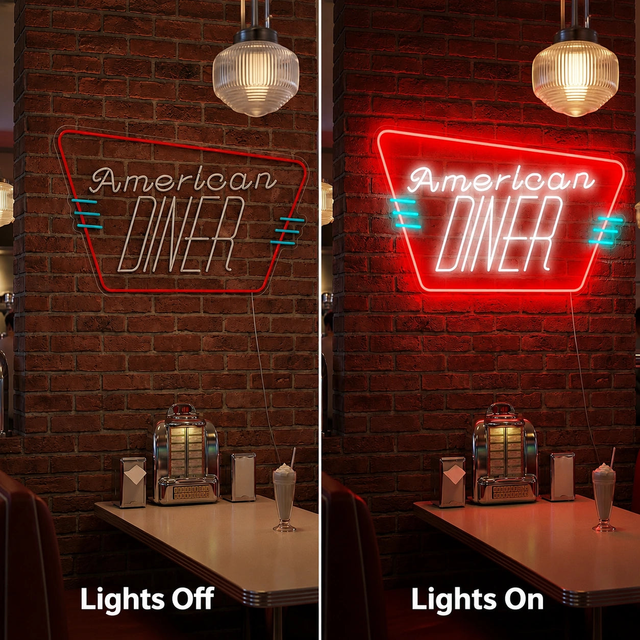 American Diner Wall Neon Sign LED Neon Sign day and night comparison