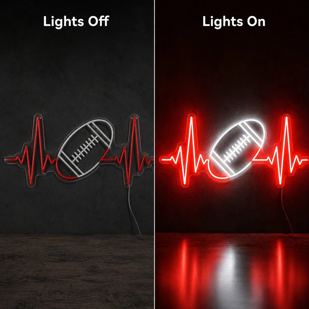 American Football Heartbeat Man Cave LED Neon Sign day and night comparison