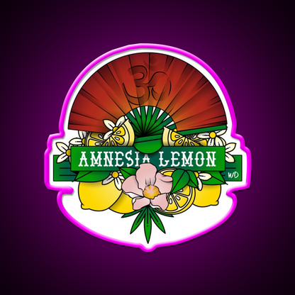Amnesia Lemon Hemp Inspired Green Leaf Led Neon Sign Rgb Color - Neon sign mounted on wall in room