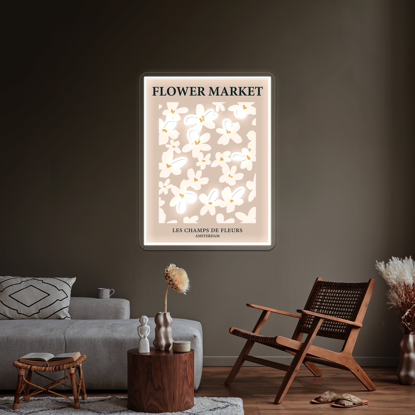 Amsterdam Neutral Beige Flowers Light Academia Aesthetic Wall Artwork Neon Signs | Shineneon