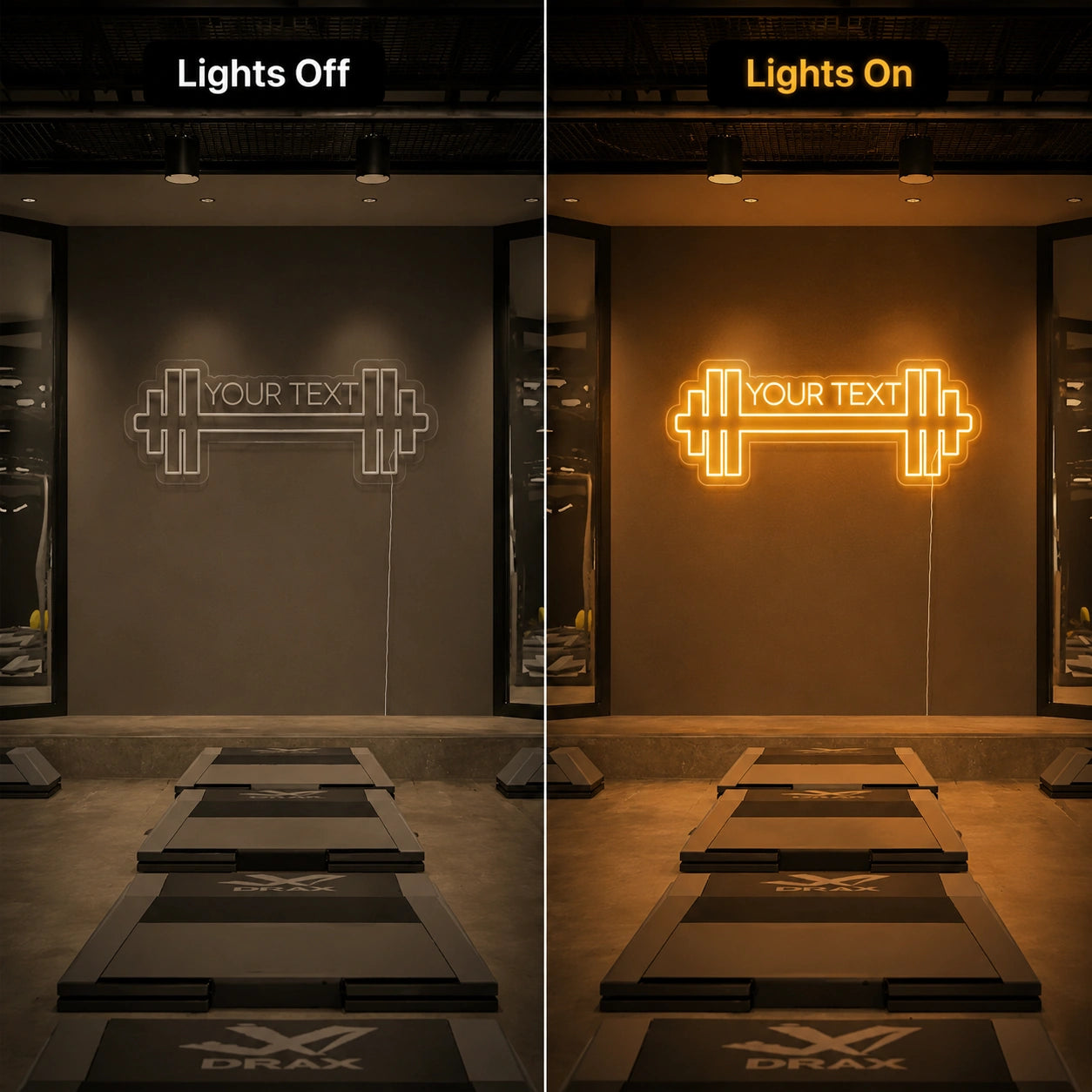 An Empty Gym With Rows LED Neon Sign - 06 Day Night Comparison