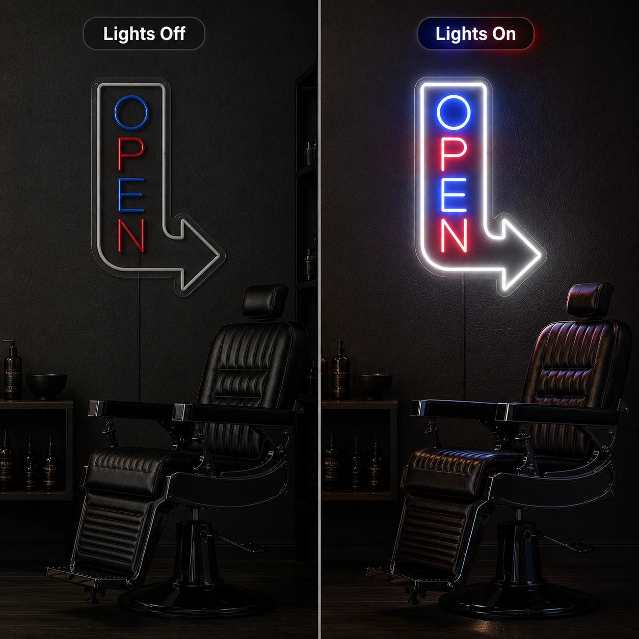 An Office Chair Sitting In LED Neon Sign - 06 Day Night Comparison