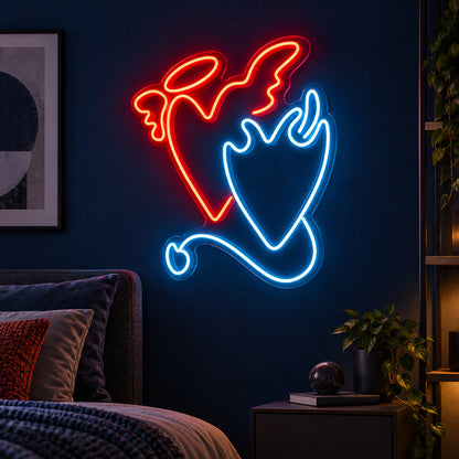 Angel and Demon Heart LED Neon Sign in a bedroom