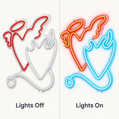 Angel and Demon Heart LED Neon Sign lights off and on comparison