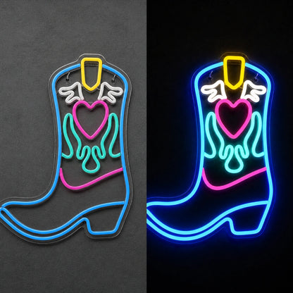Angel Winged Cowboy Boot Vintage LED Neon Sign day and night comparison