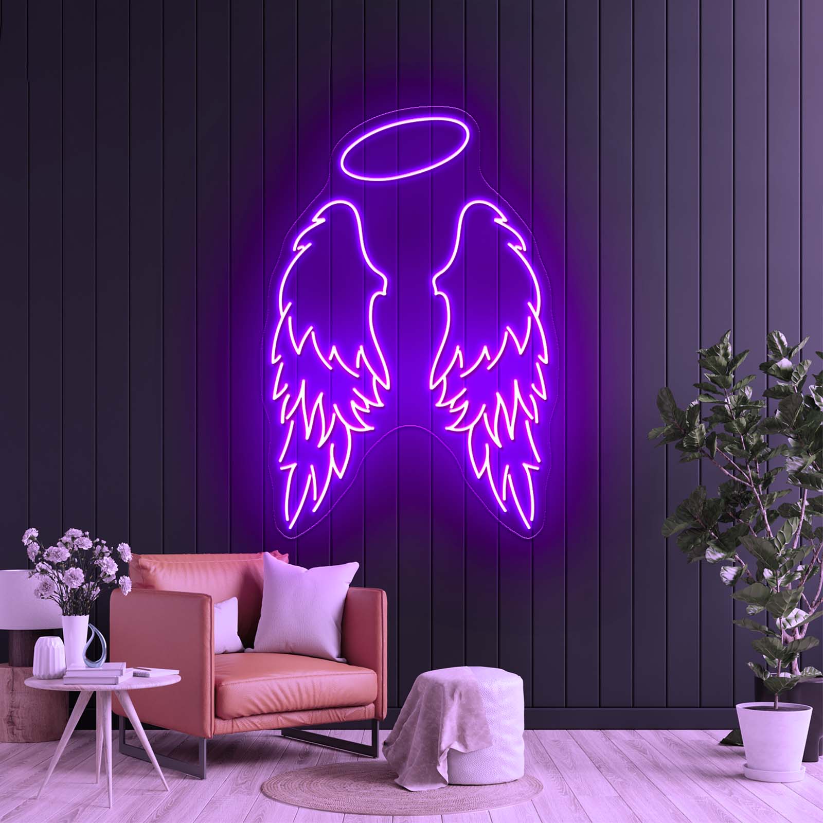 Angel Wings Led Neon Sign - Neon sign mounted on wall in room