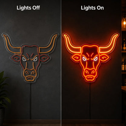 Angry Longhorn Bull Head LED Neon Sign day and night comparison