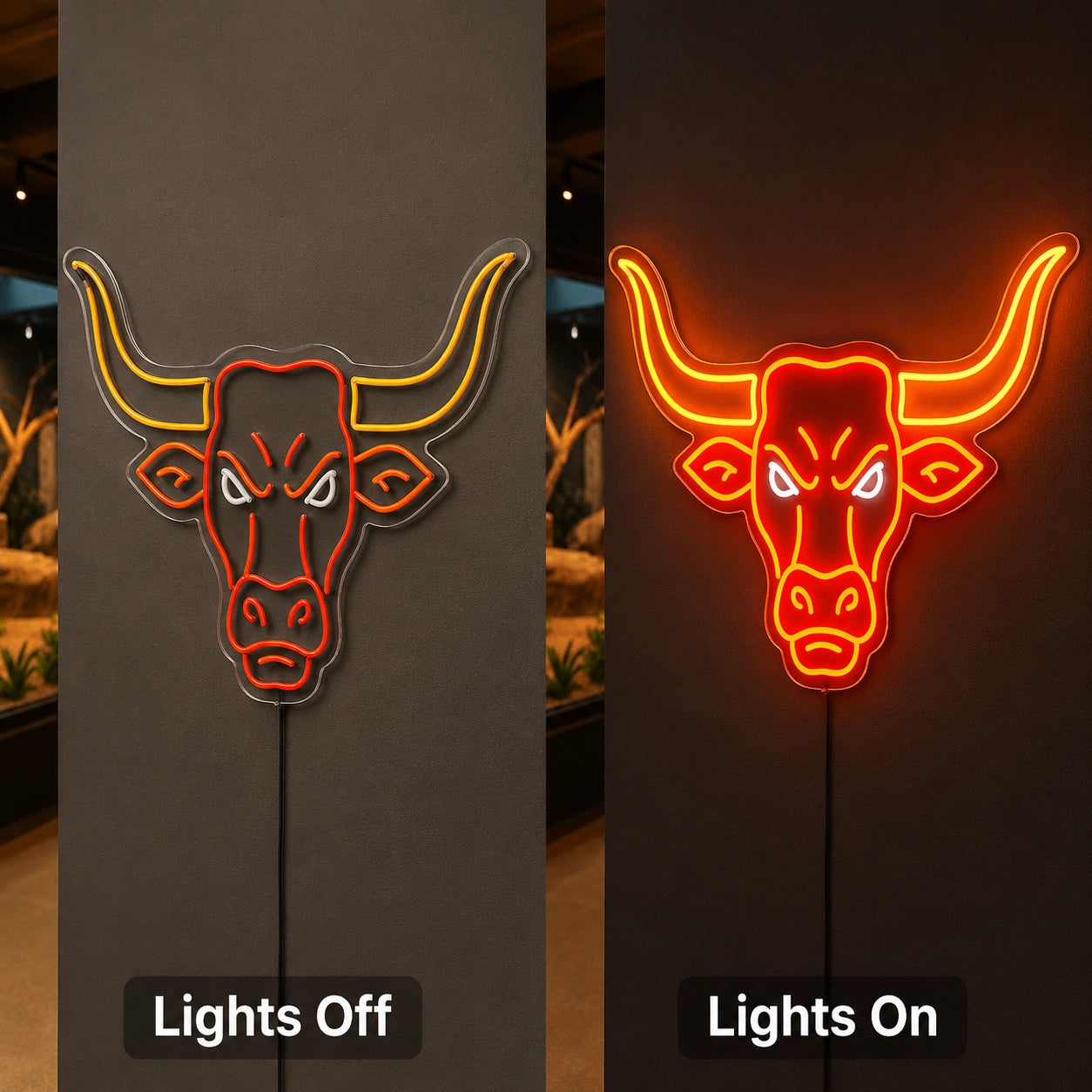 Angry Longhorn Head Neon Sign LED Neon Sign day and night comparison