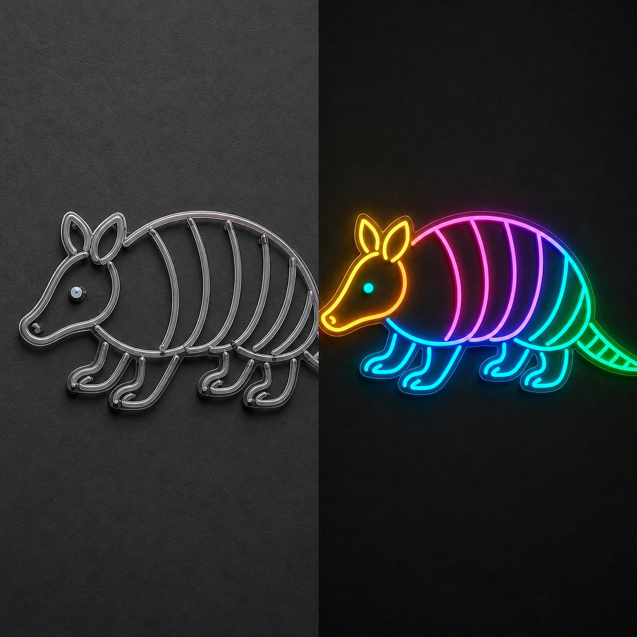 Armadillo Outline Vintage LED Neon Sign day and night comparison