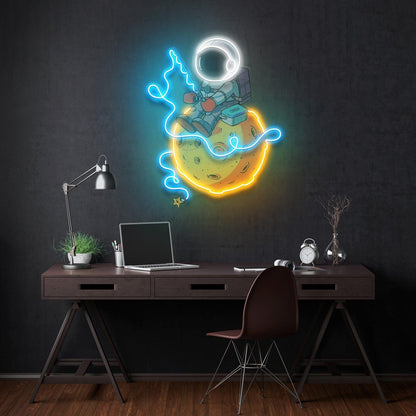 Astro Fishing On Moon Uv Printed Led Neon Sign Artwork For Kids Room Decor | Shineneon