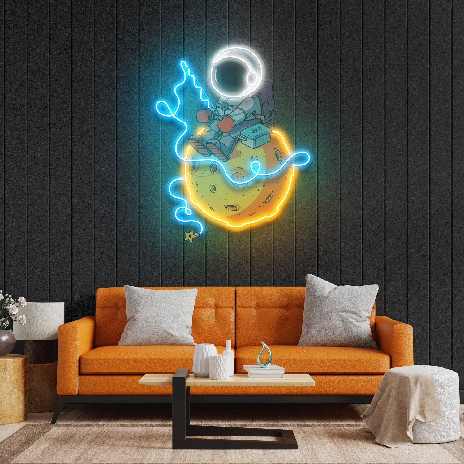 Astro Fishing On Moon Uv Printed Led Neon Sign Artwork For Kids Room Decor | Shineneon