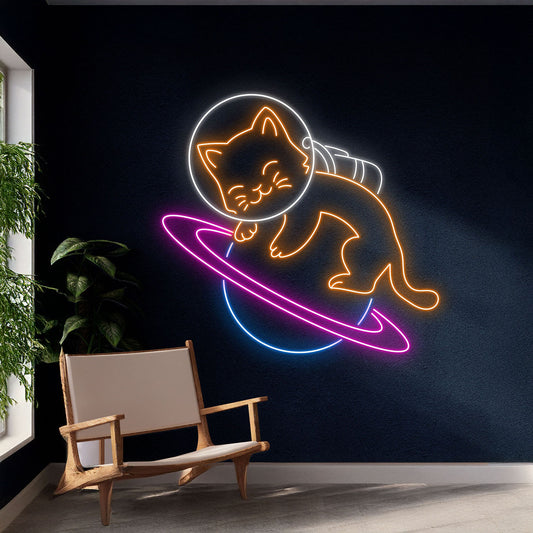 Astronaut Cat Sleeping On Planet Neon Sign